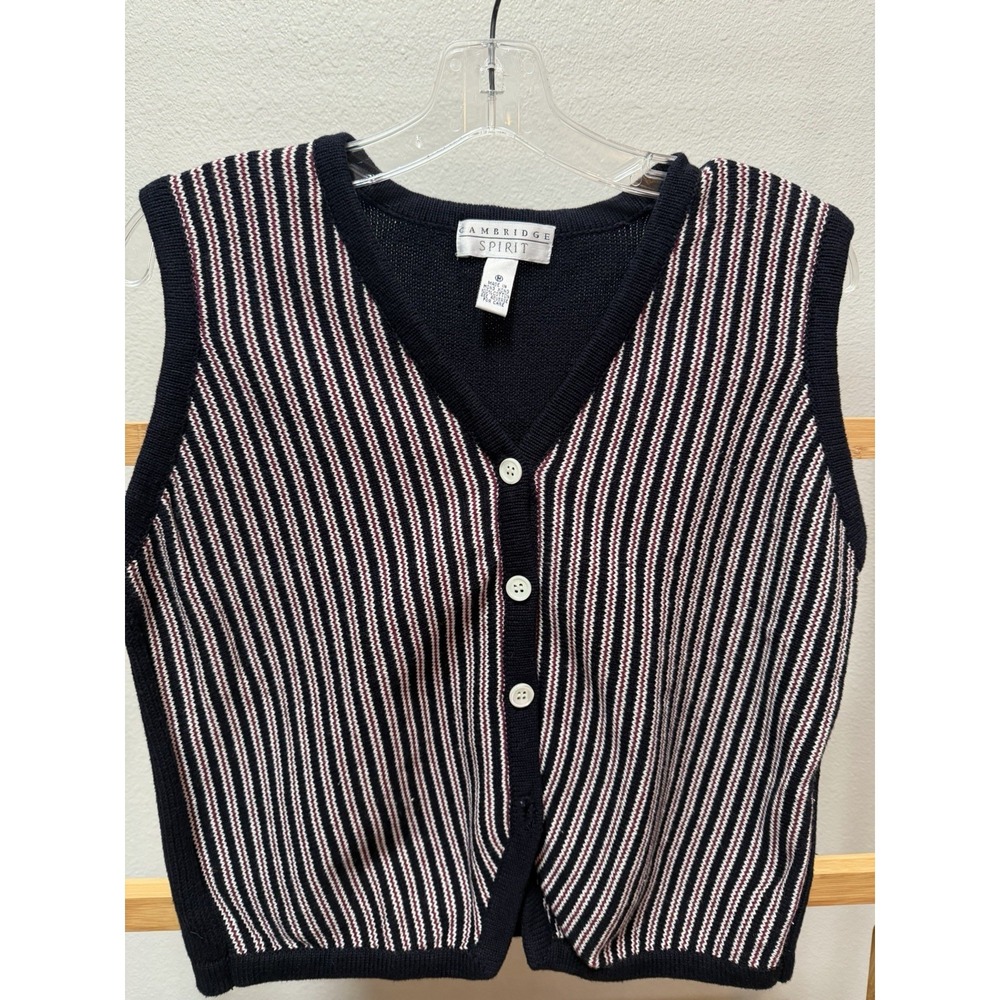 Cambridge Spirit Striped Button Front Sweater Vest Navy White Red Y2K Preppy